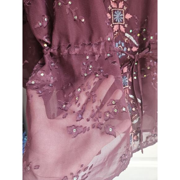 Sundance Womens SM Blouse Burgundy Embroidered Semi Sheer Drawstring Waist BOHO - Picture 8 of 12